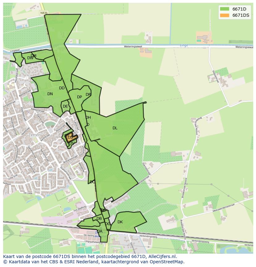 Afbeelding van het postcodegebied 6671 DS op de kaart.