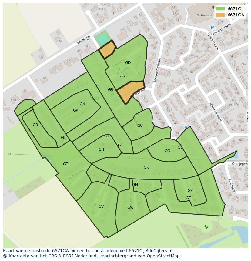 Afbeelding van het postcodegebied 6671 GA op de kaart.