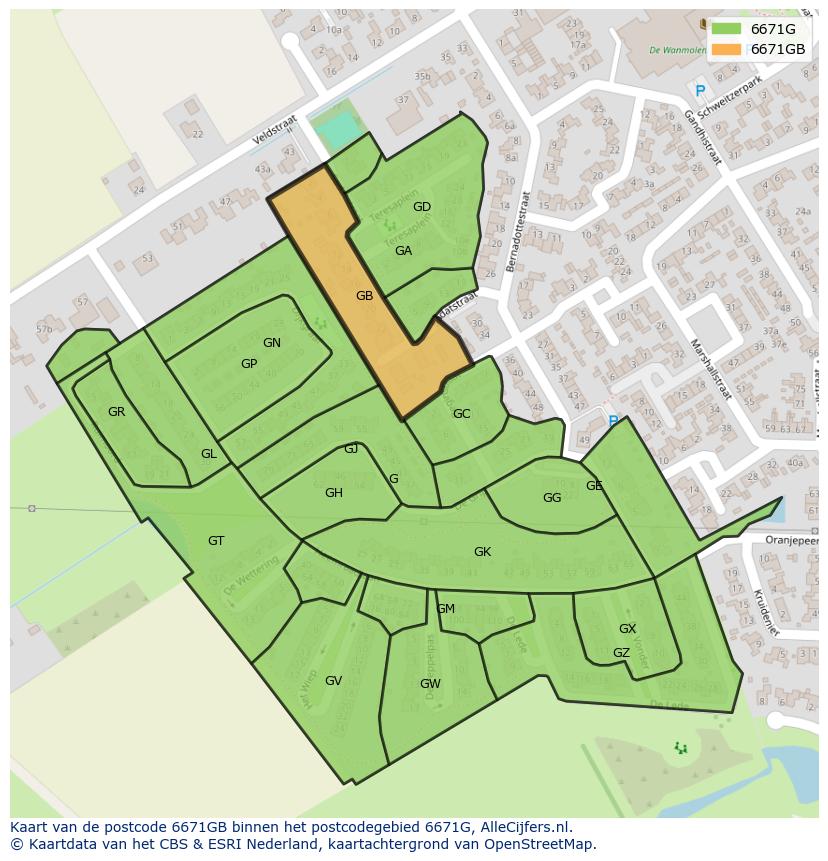 Afbeelding van het postcodegebied 6671 GB op de kaart.