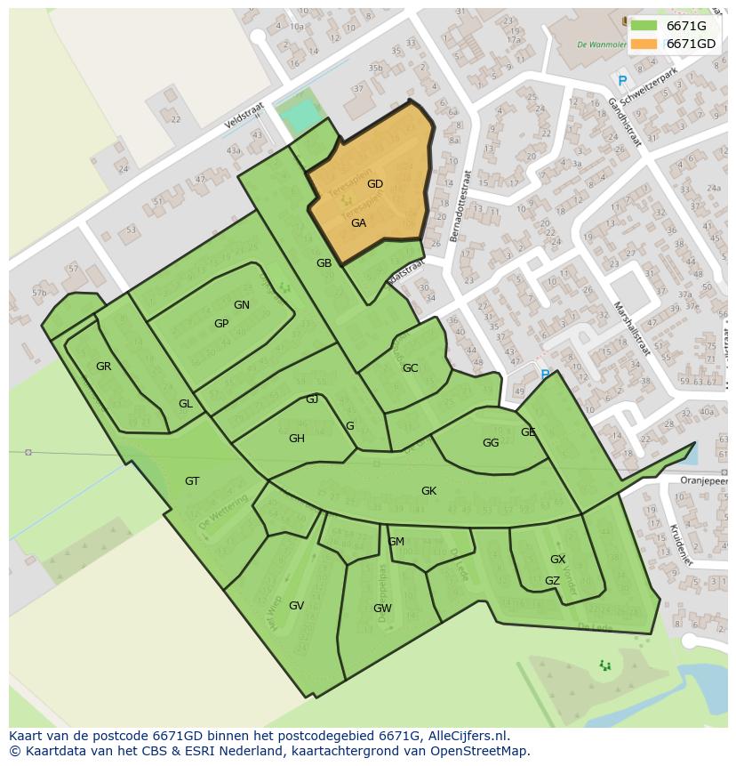 Afbeelding van het postcodegebied 6671 GD op de kaart.