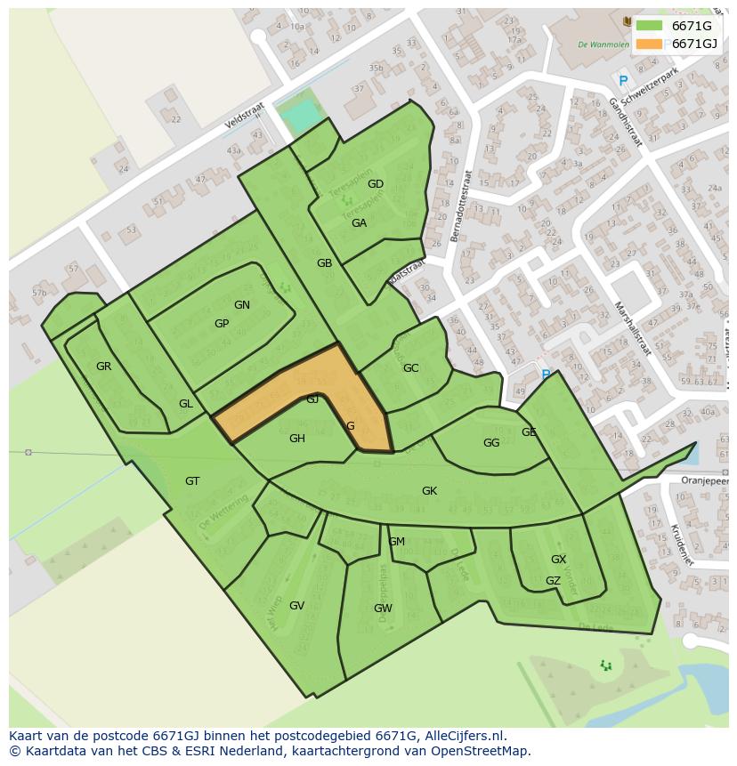 Afbeelding van het postcodegebied 6671 GJ op de kaart.