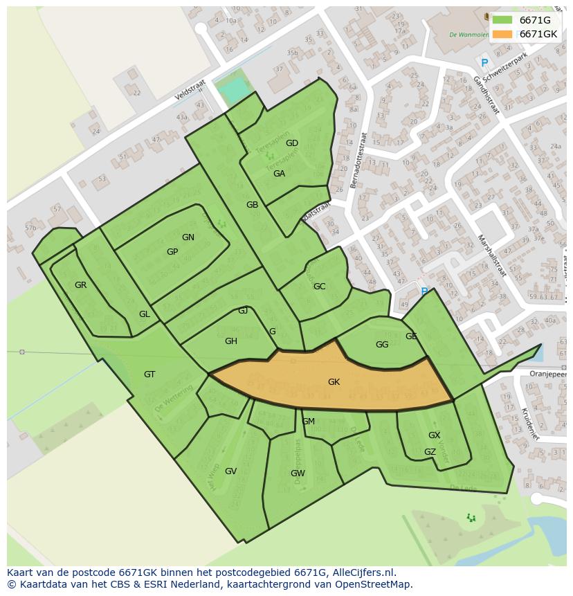 Afbeelding van het postcodegebied 6671 GK op de kaart.