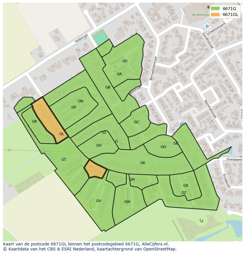 Afbeelding van het postcodegebied 6671 GL op de kaart.