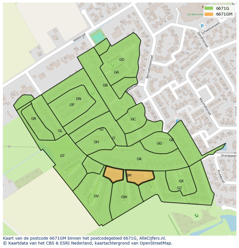 Afbeelding van het postcodegebied 6671 GM op de kaart.