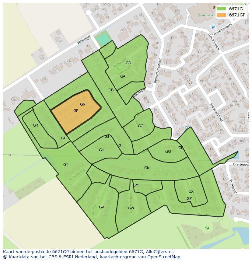Afbeelding van het postcodegebied 6671 GP op de kaart.