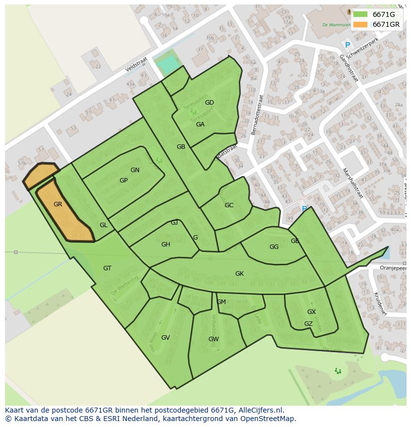 Afbeelding van het postcodegebied 6671 GR op de kaart.