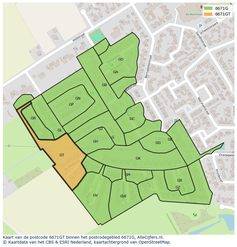 Afbeelding van het postcodegebied 6671 GT op de kaart.