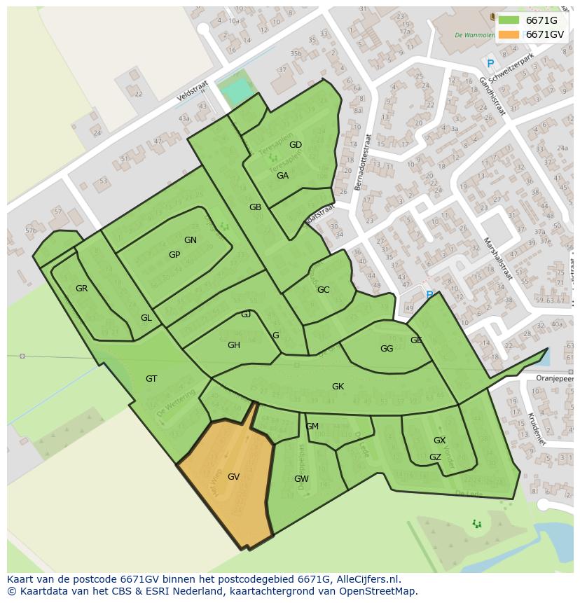 Afbeelding van het postcodegebied 6671 GV op de kaart.
