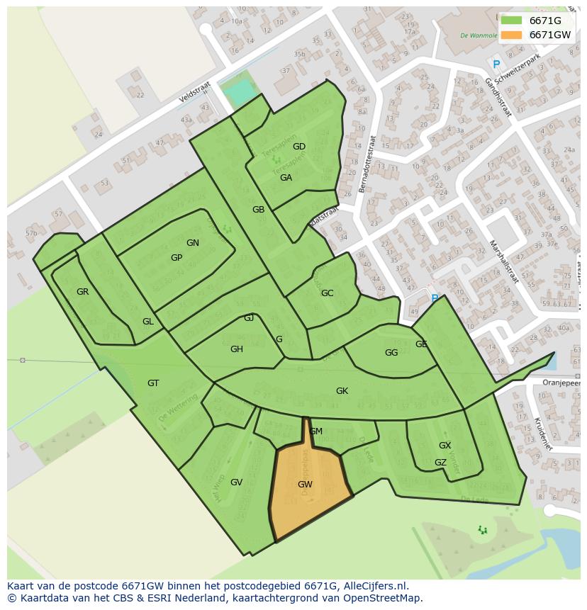 Afbeelding van het postcodegebied 6671 GW op de kaart.
