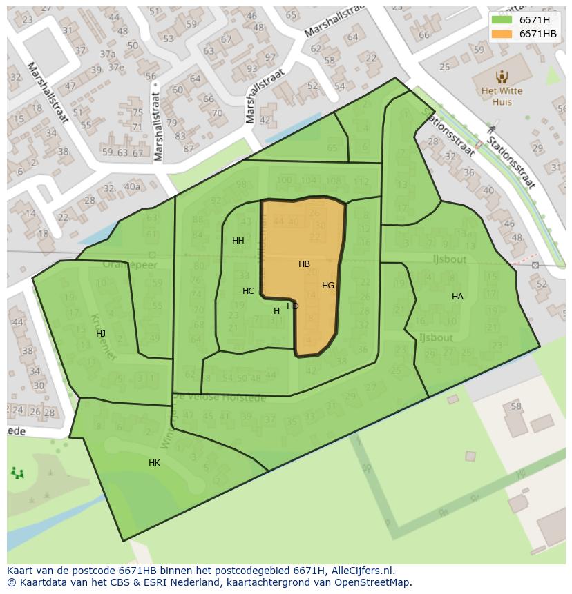 Afbeelding van het postcodegebied 6671 HB op de kaart.