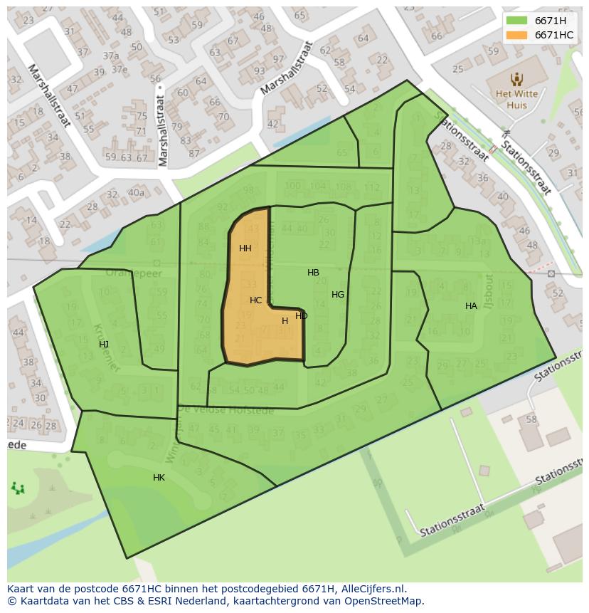 Afbeelding van het postcodegebied 6671 HC op de kaart.