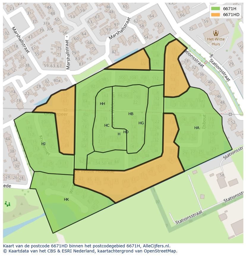 Afbeelding van het postcodegebied 6671 HD op de kaart.