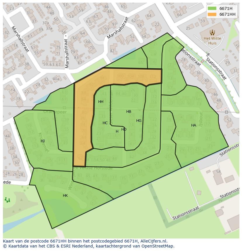 Afbeelding van het postcodegebied 6671 HH op de kaart.