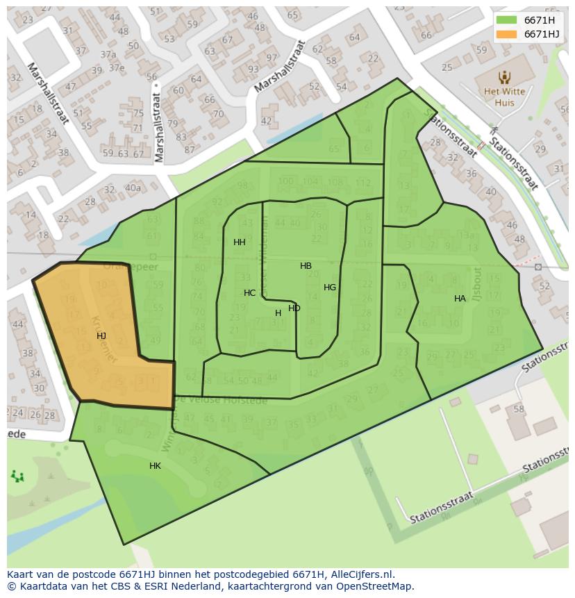 Afbeelding van het postcodegebied 6671 HJ op de kaart.