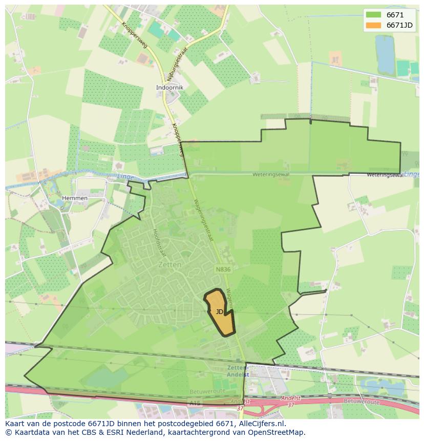 Afbeelding van het postcodegebied 6671 JD op de kaart.