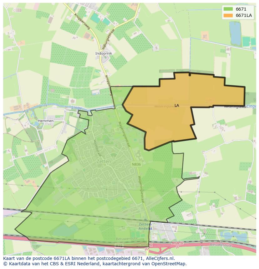 Afbeelding van het postcodegebied 6671 LA op de kaart.