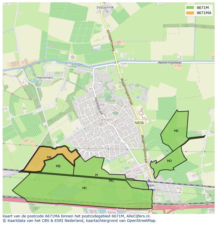 Afbeelding van het postcodegebied 6671 MA op de kaart.
