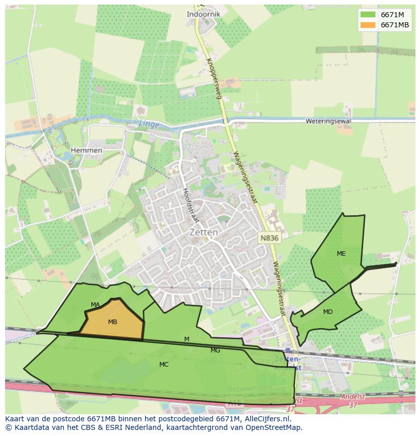 Afbeelding van het postcodegebied 6671 MB op de kaart.
