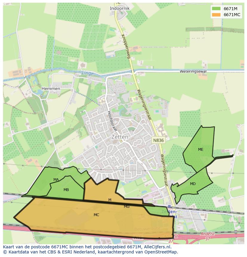 Afbeelding van het postcodegebied 6671 MC op de kaart.