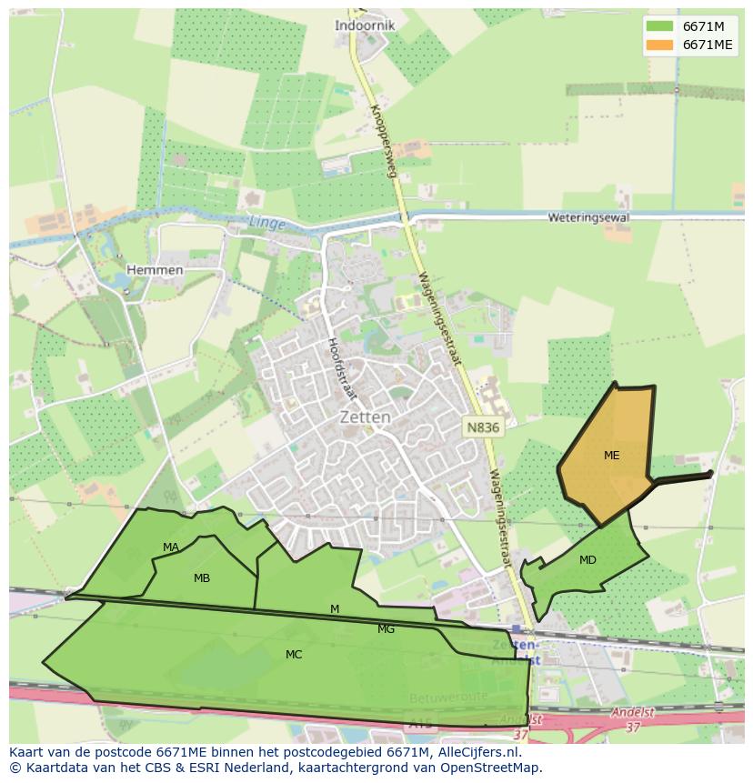 Afbeelding van het postcodegebied 6671 ME op de kaart.