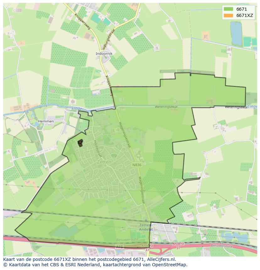 Afbeelding van het postcodegebied 6671 XZ op de kaart.