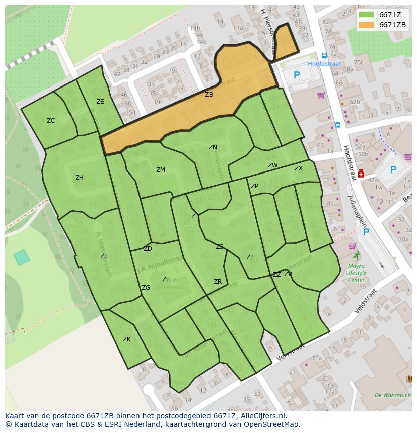 Afbeelding van het postcodegebied 6671 ZB op de kaart.