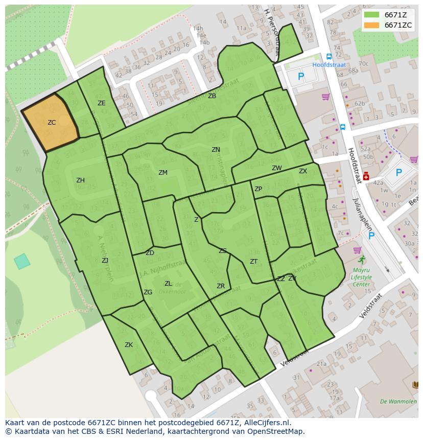 Afbeelding van het postcodegebied 6671 ZC op de kaart.