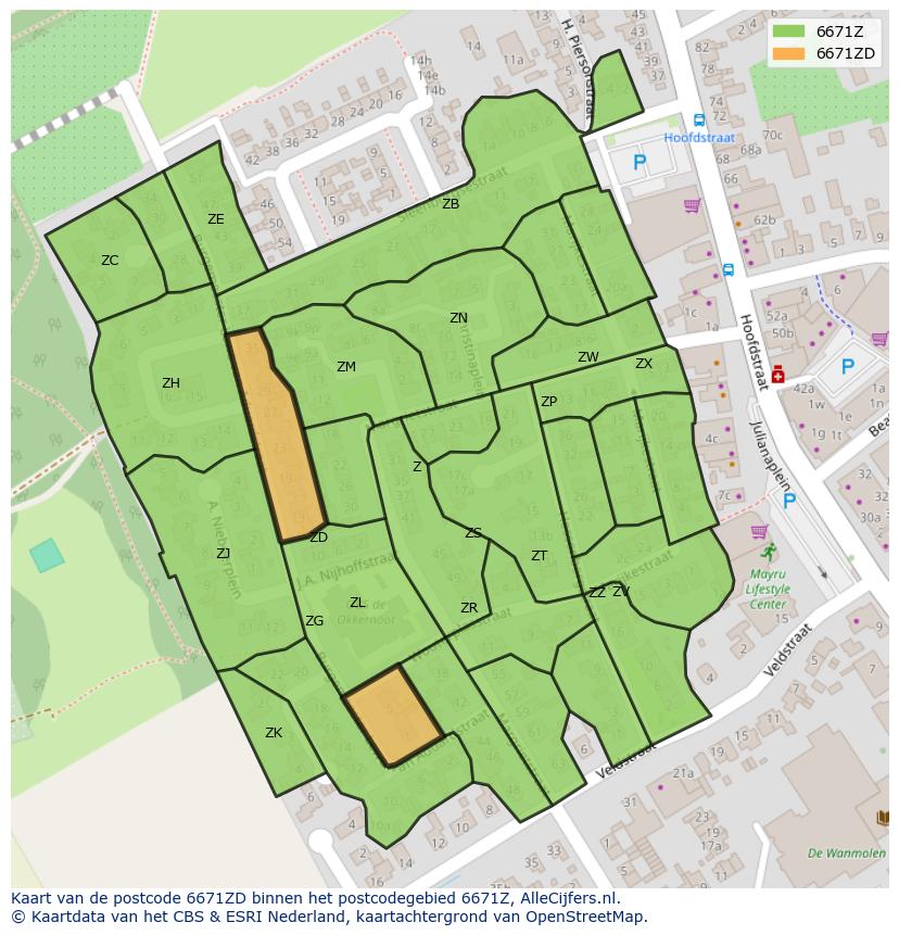 Afbeelding van het postcodegebied 6671 ZD op de kaart.