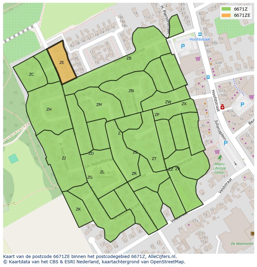 Afbeelding van het postcodegebied 6671 ZE op de kaart.
