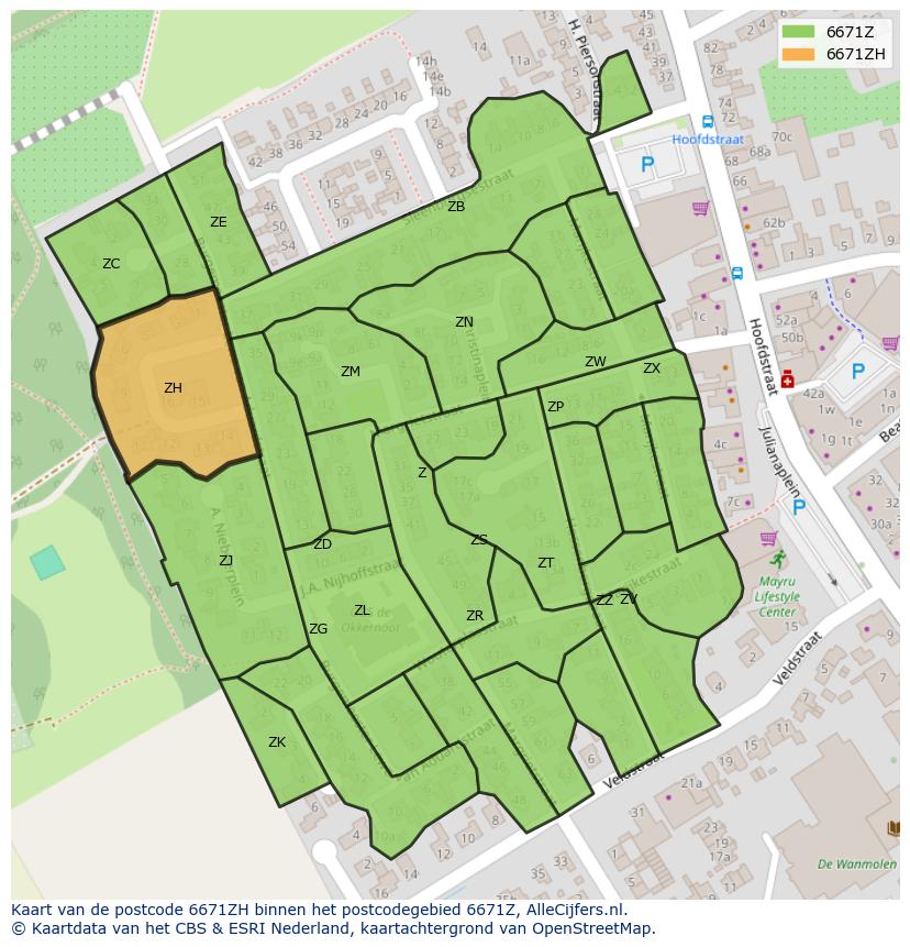 Afbeelding van het postcodegebied 6671 ZH op de kaart.