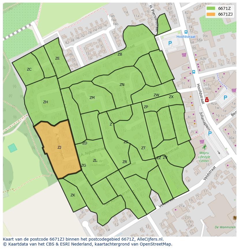 Afbeelding van het postcodegebied 6671 ZJ op de kaart.
