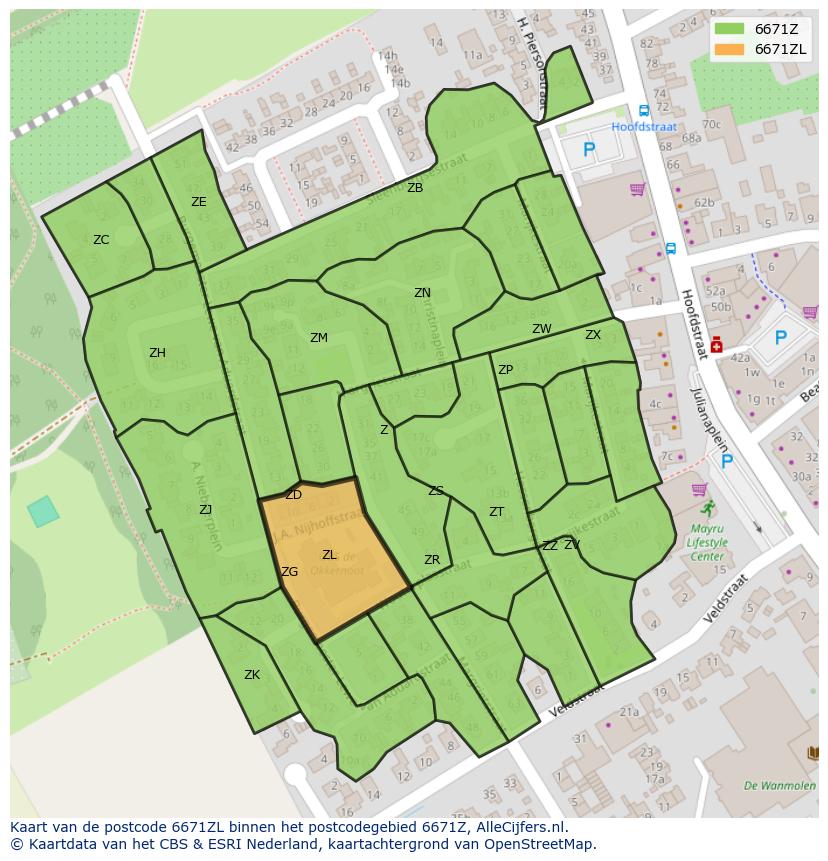 Afbeelding van het postcodegebied 6671 ZL op de kaart.