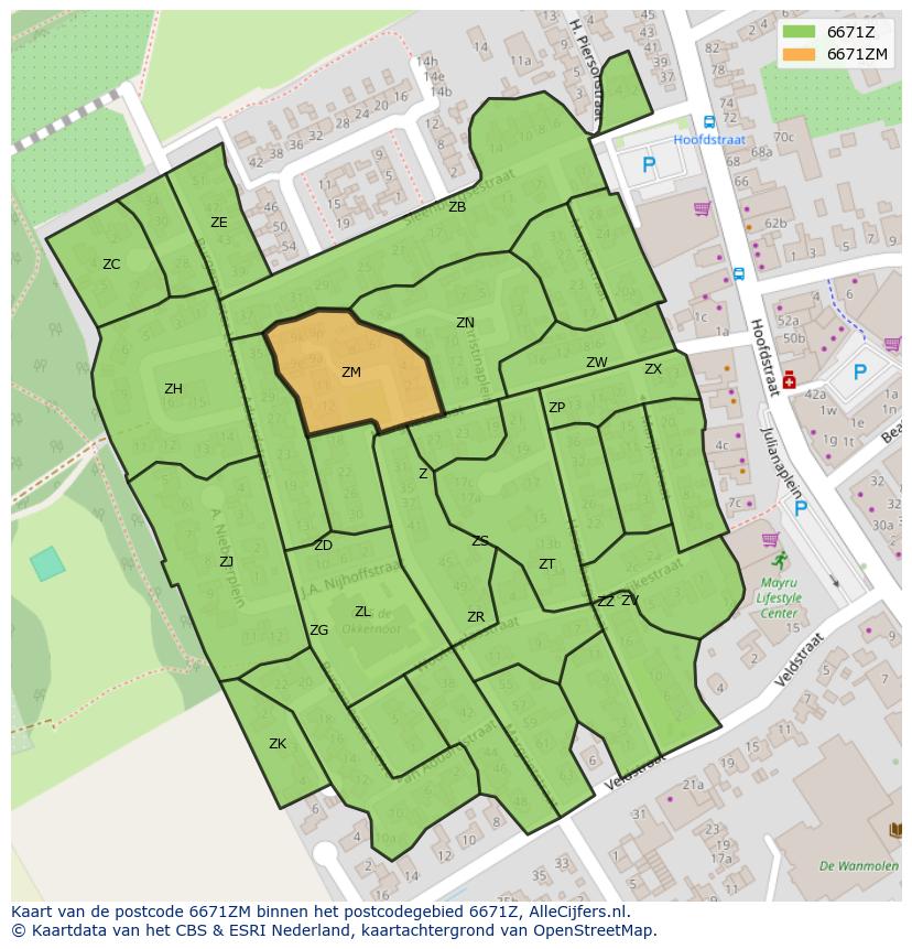 Afbeelding van het postcodegebied 6671 ZM op de kaart.