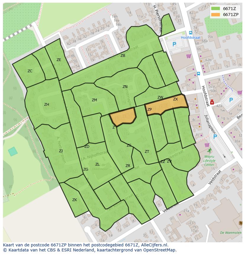 Afbeelding van het postcodegebied 6671 ZP op de kaart.