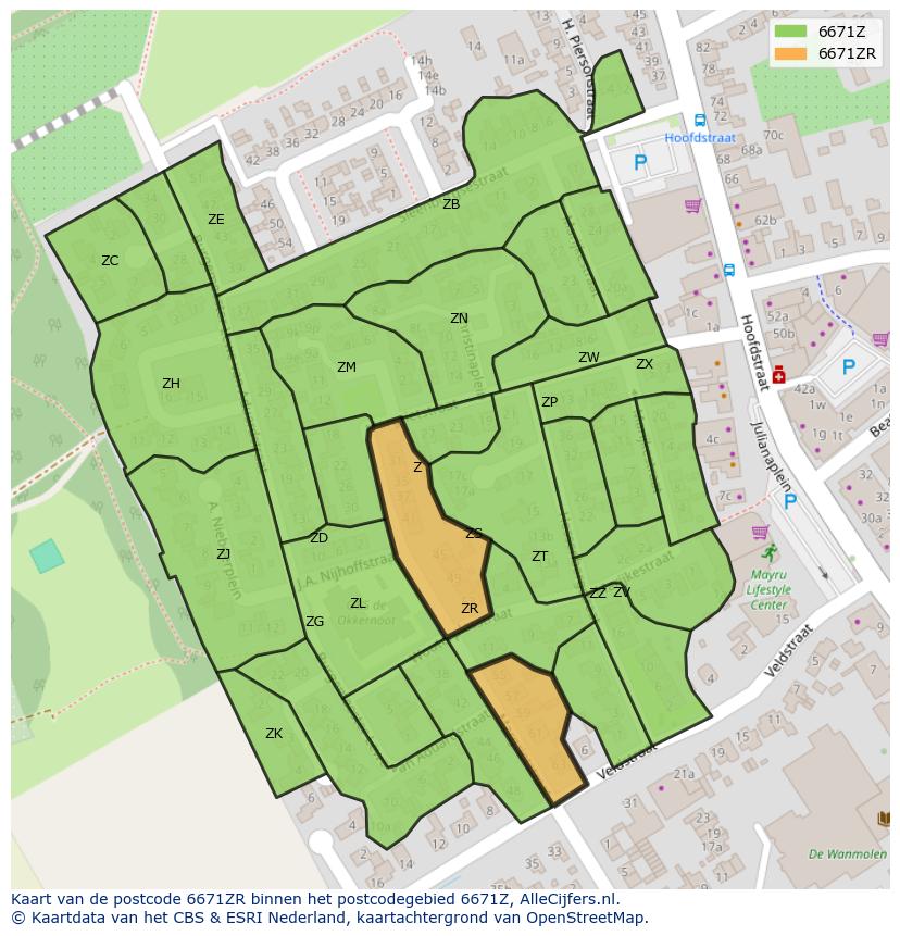 Afbeelding van het postcodegebied 6671 ZR op de kaart.