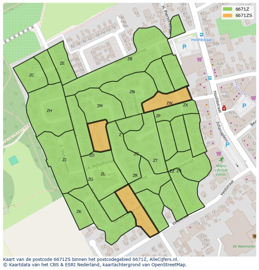 Afbeelding van het postcodegebied 6671 ZS op de kaart.