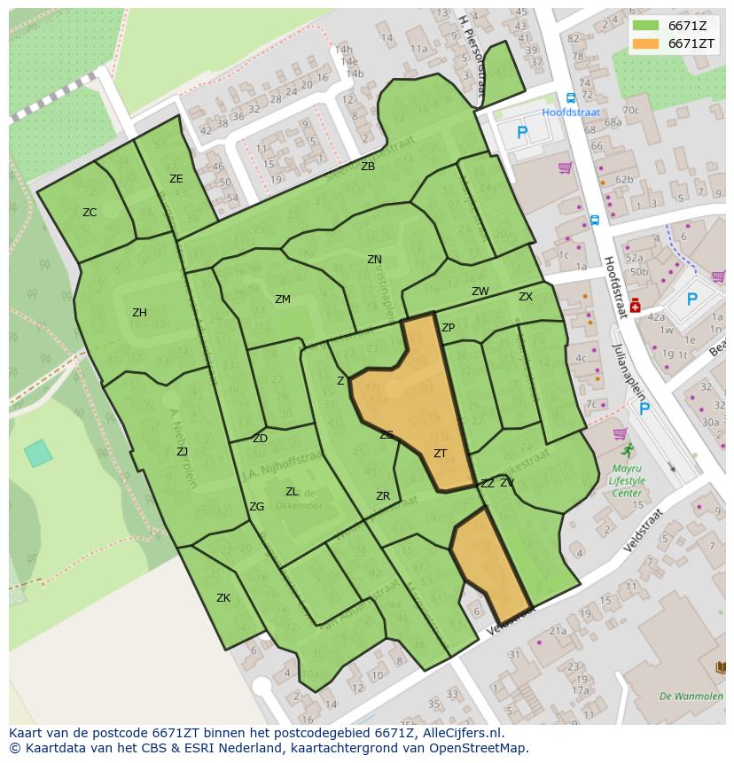 Afbeelding van het postcodegebied 6671 ZT op de kaart.