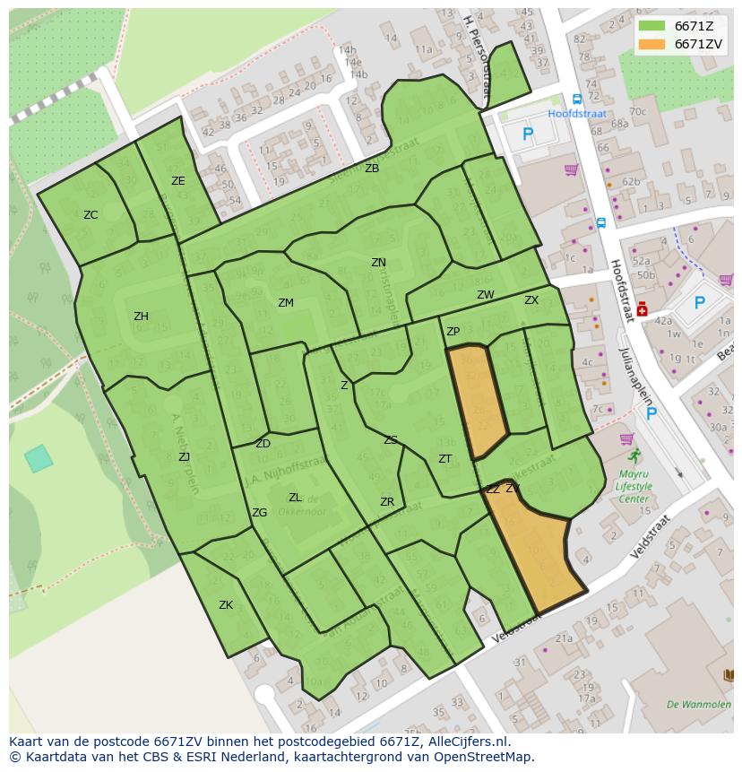 Afbeelding van het postcodegebied 6671 ZV op de kaart.
