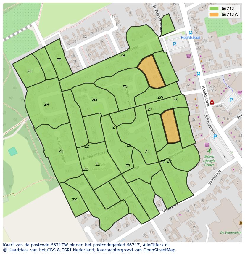 Afbeelding van het postcodegebied 6671 ZW op de kaart.