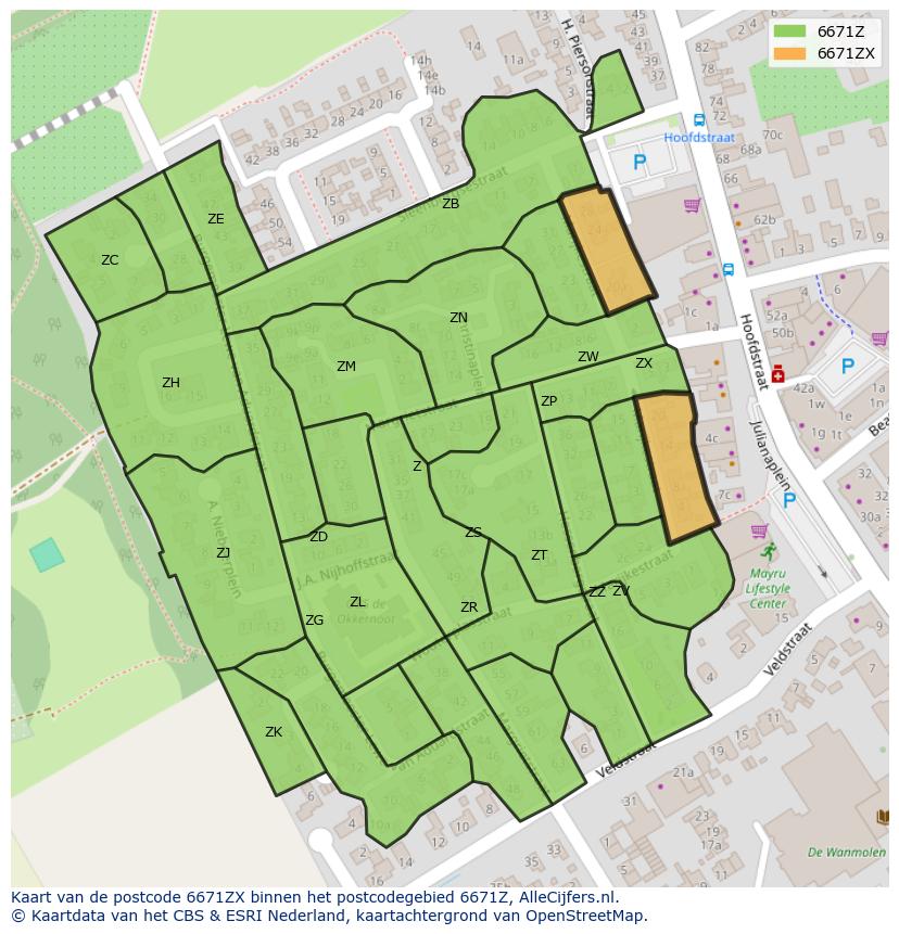 Afbeelding van het postcodegebied 6671 ZX op de kaart.