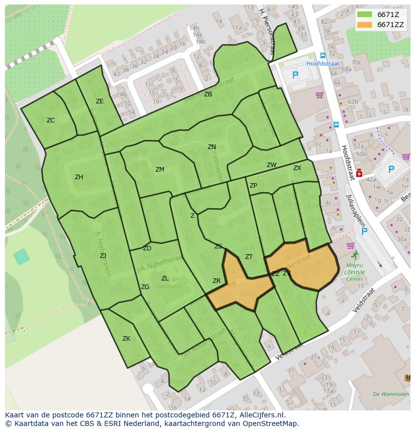 Afbeelding van het postcodegebied 6671 ZZ op de kaart.
