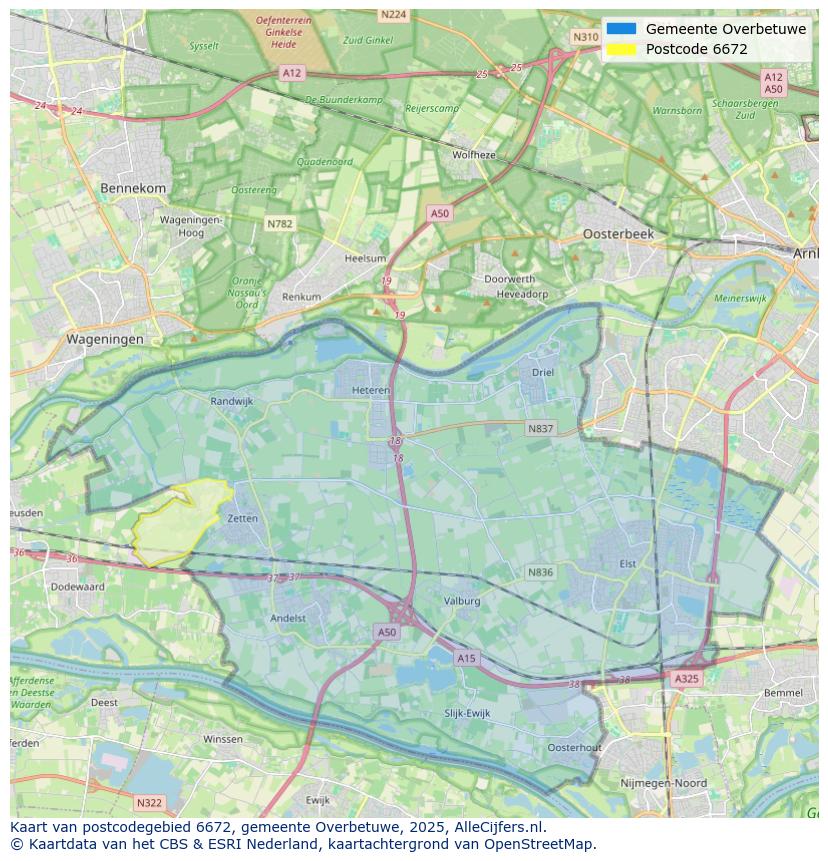 Afbeelding van het postcodegebied 6672 op de kaart.