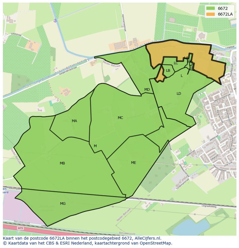 Afbeelding van het postcodegebied 6672 LA op de kaart.
