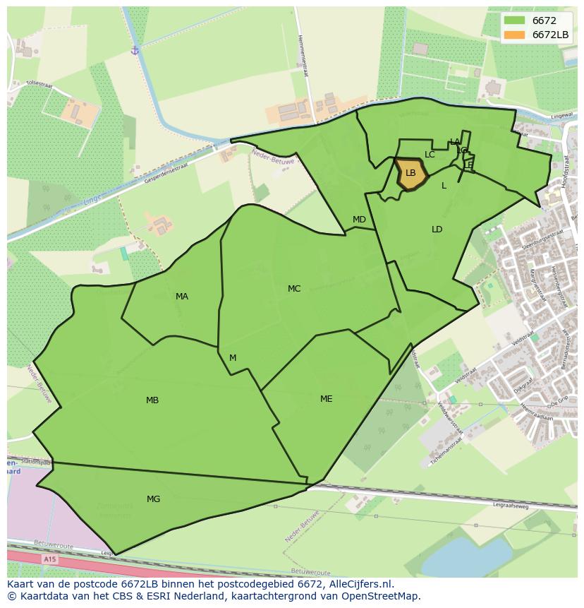 Afbeelding van het postcodegebied 6672 LB op de kaart.