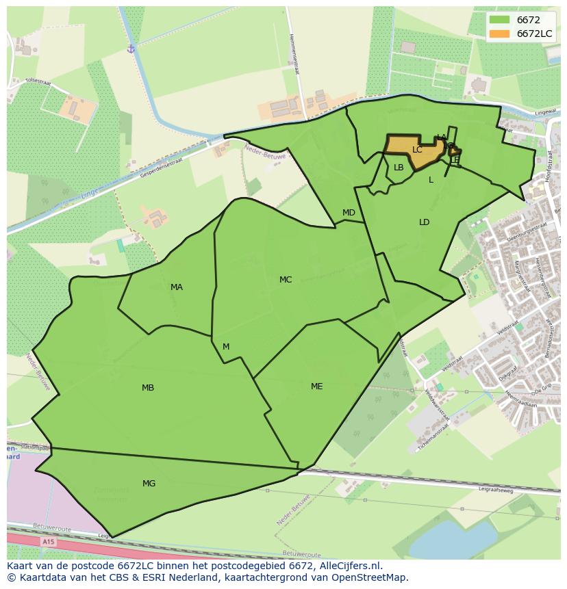 Afbeelding van het postcodegebied 6672 LC op de kaart.