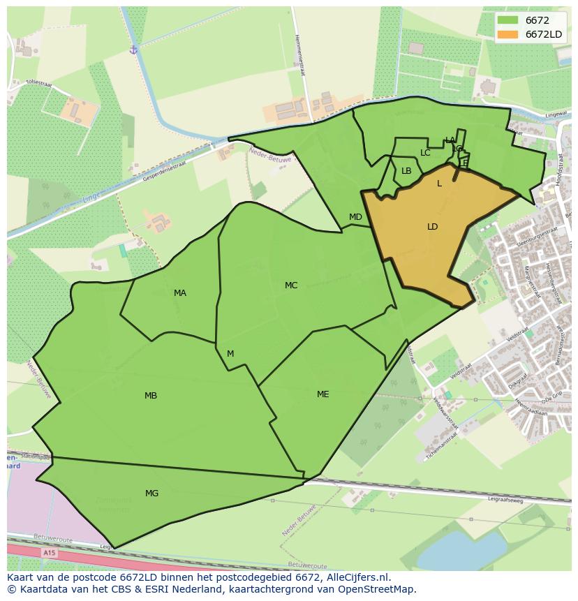 Afbeelding van het postcodegebied 6672 LD op de kaart.