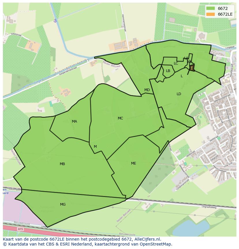 Afbeelding van het postcodegebied 6672 LE op de kaart.