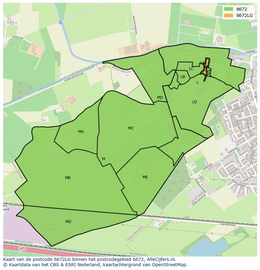 Afbeelding van het postcodegebied 6672 LG op de kaart.