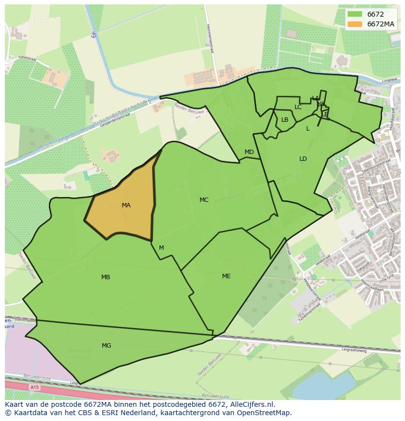Afbeelding van het postcodegebied 6672 MA op de kaart.