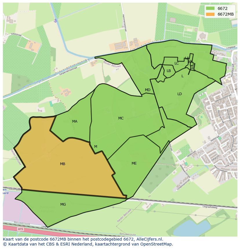 Afbeelding van het postcodegebied 6672 MB op de kaart.